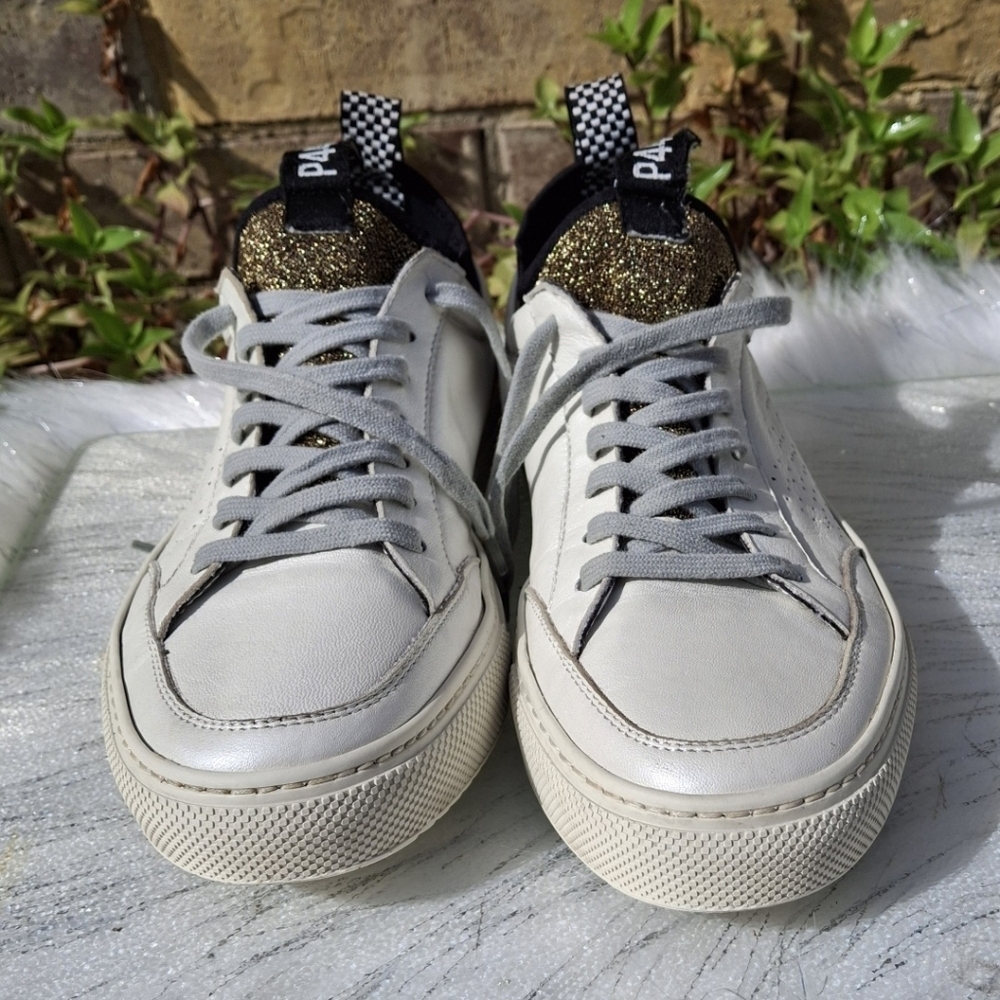 P448 You Can Surf Later White Leather Gold Glitter Tongue Sneakers Women Size 9 - Picture 4 of 16